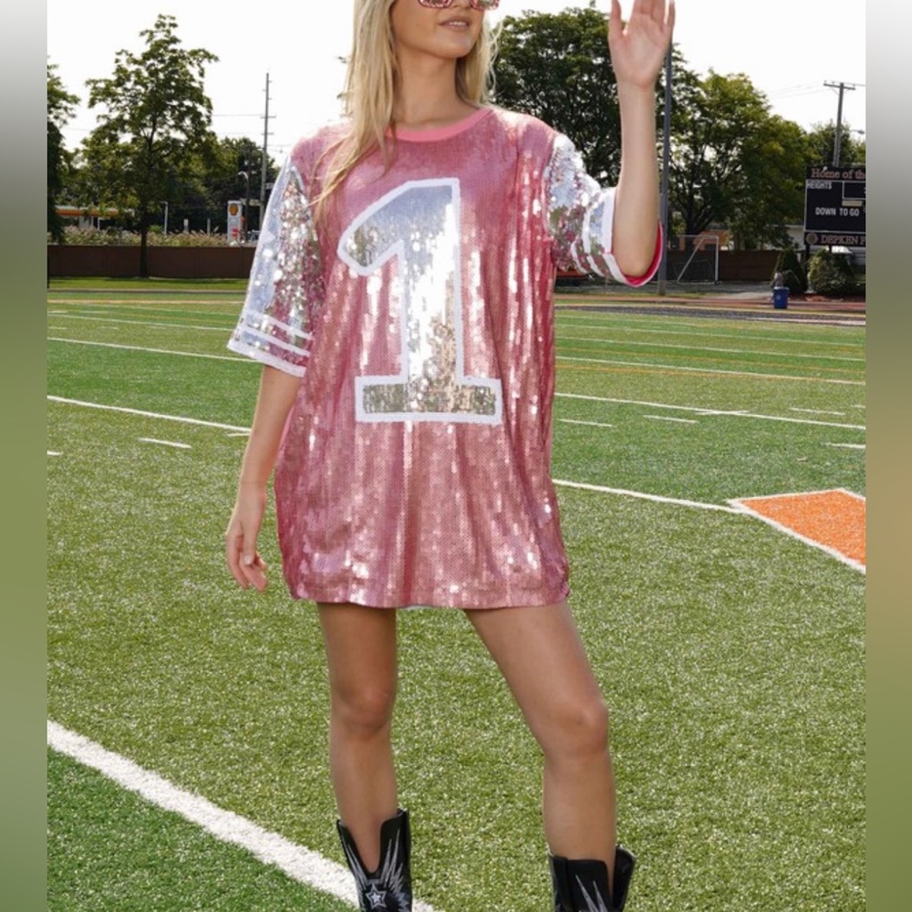 Number One Sequin Pink Jersey T-Shirt Dress